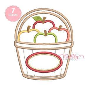 Apple Basket Monogram Applique embroidery design with four colorful apples and a blank oval for personalization