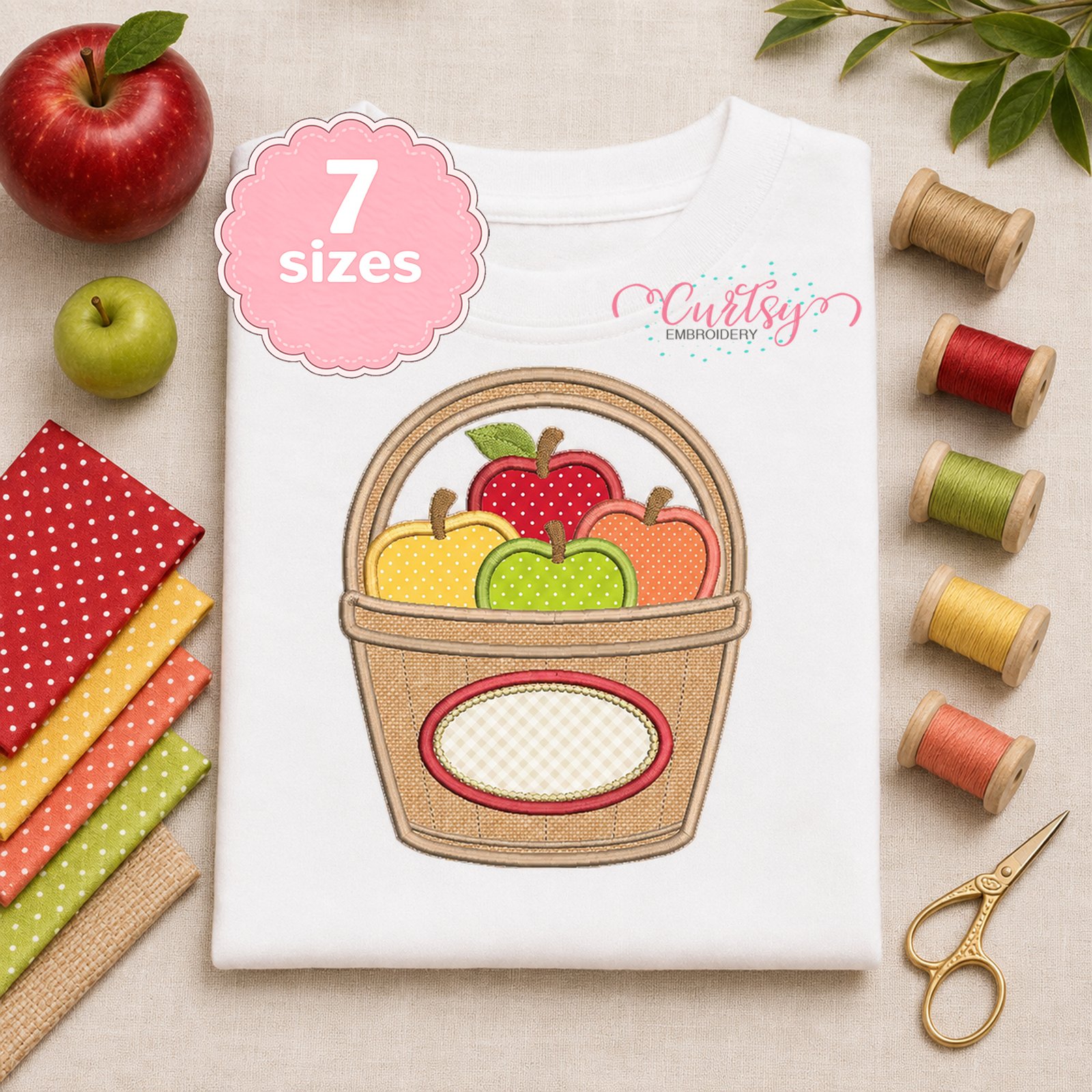 Apple Basket Applique Design _ Etsy 2000 Apple Basket Monogram Applique embroidery design with four colorful apples and a blank oval for personalization