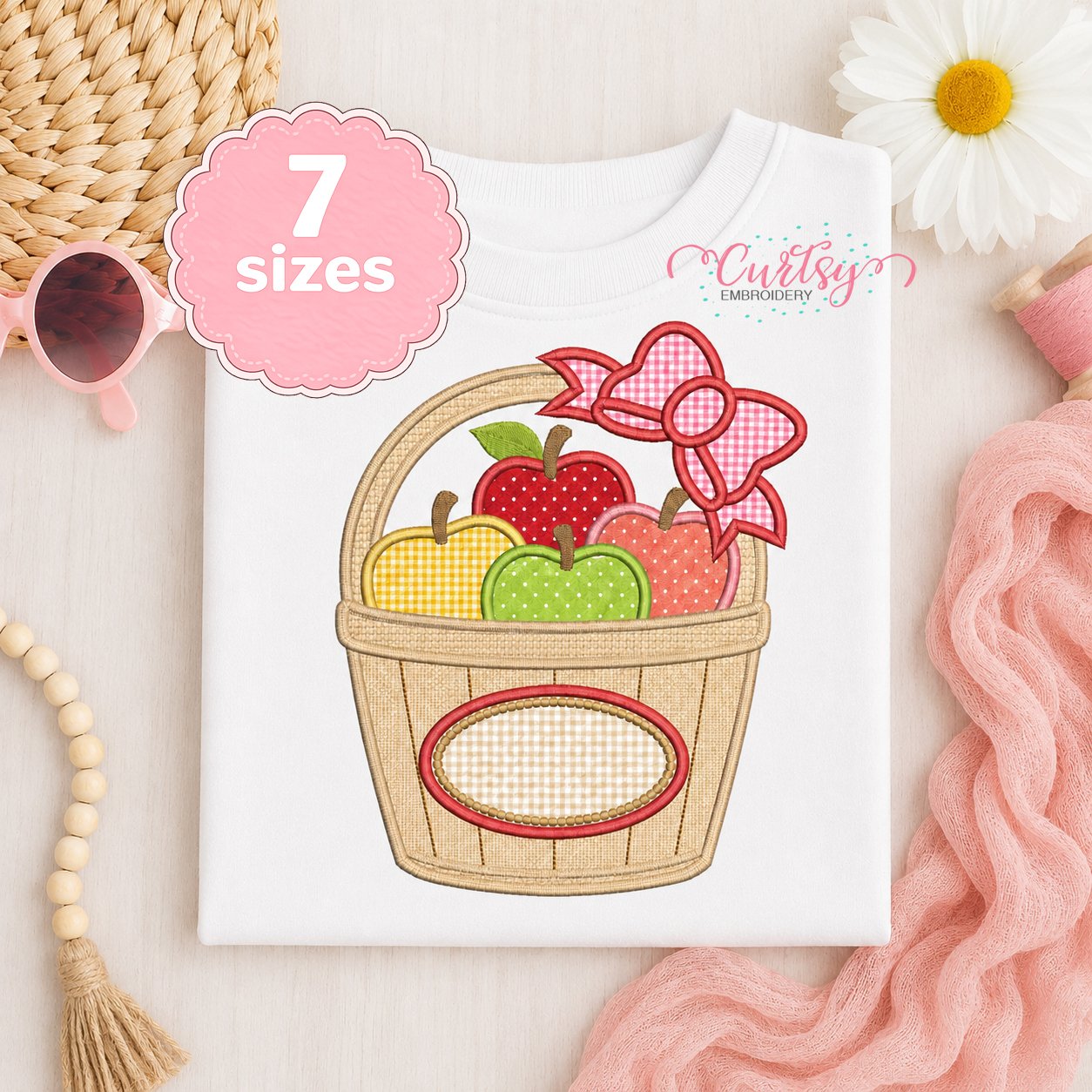 Apple Basket with Bow Applique Embroidery Design _ Etsy 2000 Apple basket with bow applique embroidery design stitched on a folded white shirt