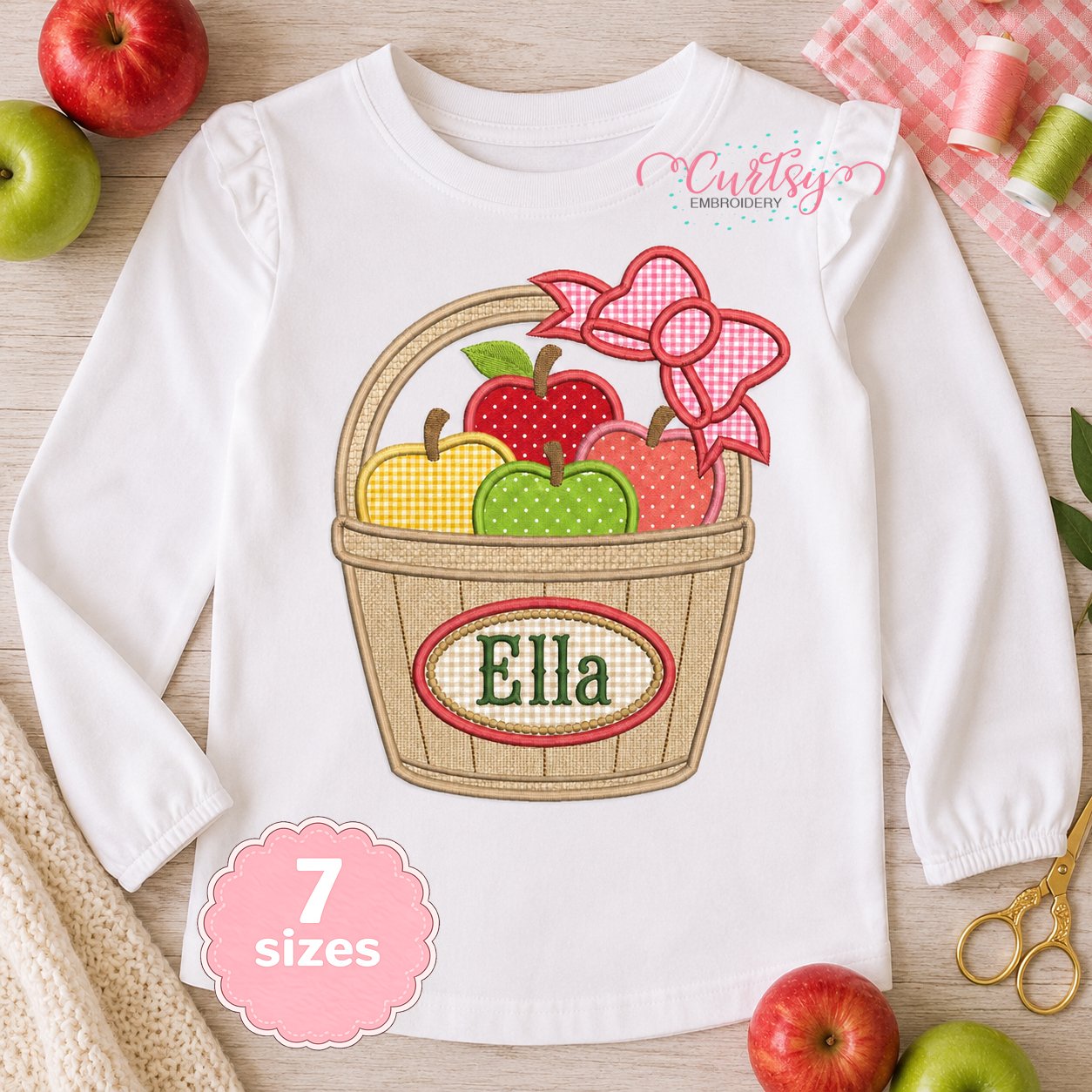 Apple Basket with Bow Applique Embroidery Design _ Logo 1 Apple basket with bow embroidery design personalized with a girl’s name inside the oval
