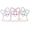 Ghost Trio Applique Design with Bows embroidered on a white sweatshirt for girls Halloween machine embroidery