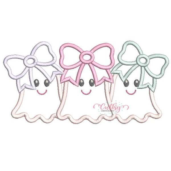 Ghosts with Bows Trio Applique Design _ Website Ghost Trio Applique Design with Bows embroidered on a white sweatshirt for girls Halloween machine embroidery