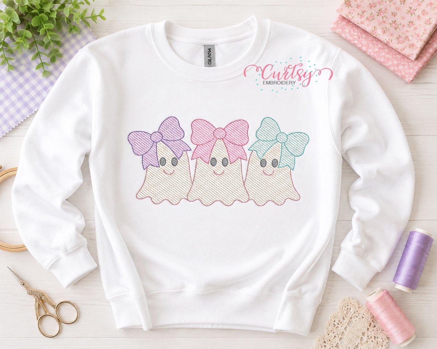 Ghosts with bows quick stitch embroidery design