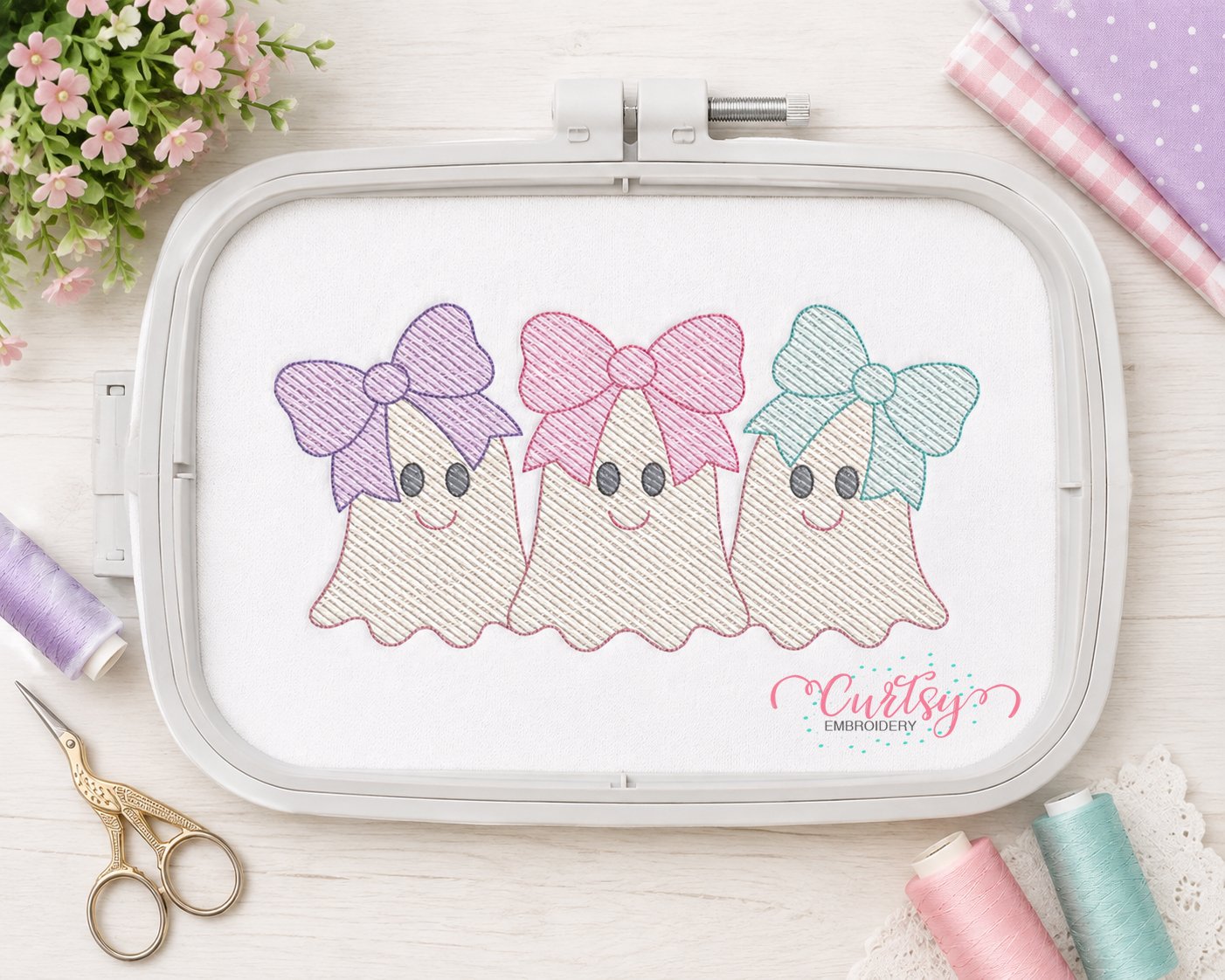 Ghost trio sketch fill machine embroidery design