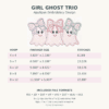 Girl Ghost Trio Applique size chart with three smiling ghosts wearing bows, finished measurements and stitch counts for five hoop sizes, and PES, JEF, EXP, VIP, VP3, DST, HUS, and XXX formats. The 8x12 size also fits a 7x12 embroidery field.