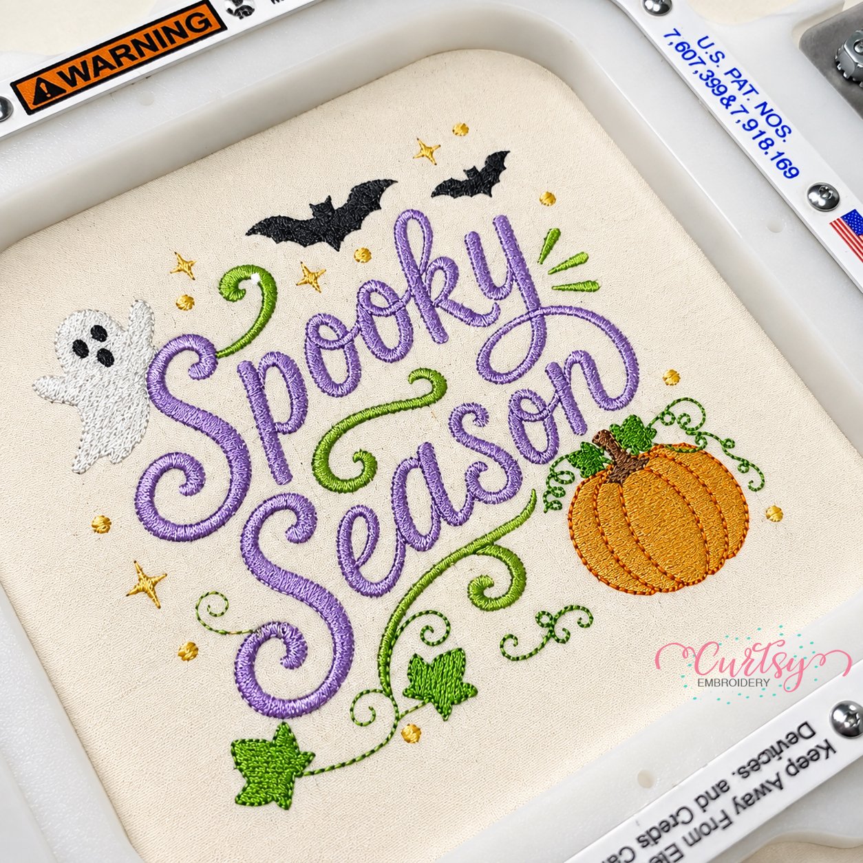 Spooky SeasoSpooky Season Halloween machine embroidery design stitch outn embroidery design shown in machine embroidery hoop