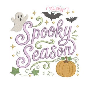 Spooky Season Halloween embroidery design with ghost bats and pumpkin