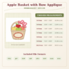 Apple basket with bow embroidery design measurements, stitch counts and included file formats