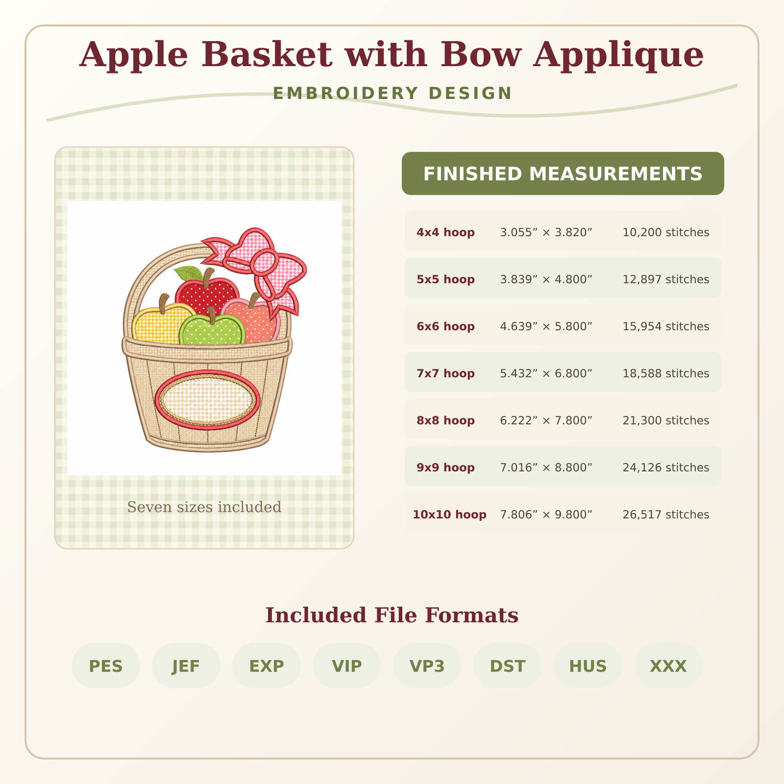 apple-basket-bow-sizes-formats Apple basket with bow embroidery design measurements, stitch counts and included file formats