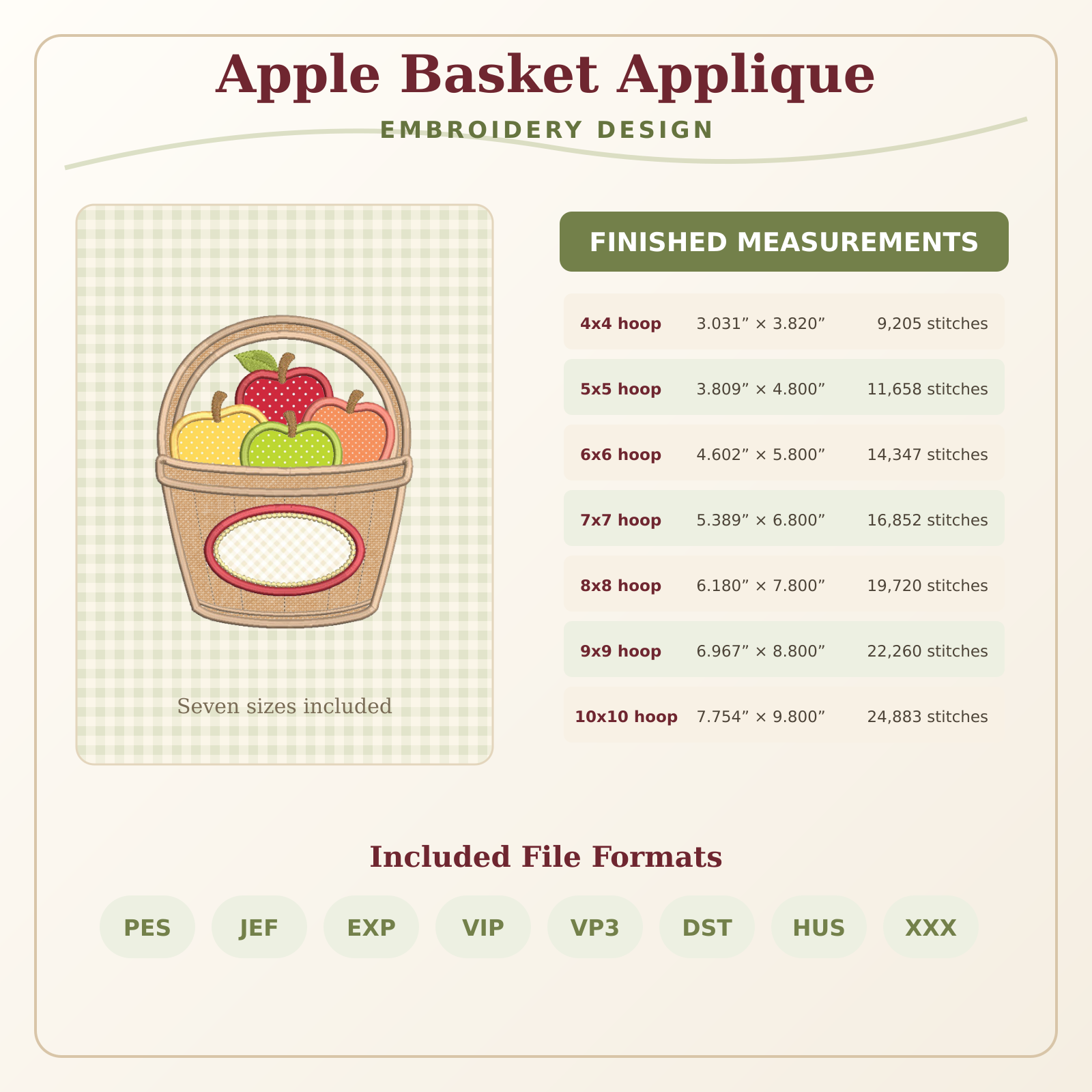 apple-basket-sizes-formats Apple Basket Applique embroidery design measurements for seven hoop sizes with eight included file formats