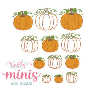 Mini pumpkin embroidery designs in filled and outline styles stitched in an embroidery hoop