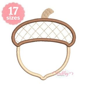 Acorn applique embroidery design with quilted tan cap and cream polka-dot fabric