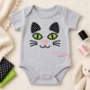 Light gray baby bodysuit featuring a cat face applique embroidery design