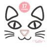 Cat face applique embroidery design with ears, green eyes, pink nose, whiskers and stitched mouth