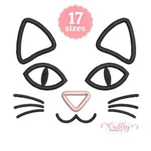 Cat face applique embroidery design with ears, green eyes, pink nose, whiskers and stitched mouth