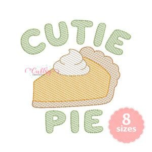 Cutie Pie quick stitch machine embroidery design with sage lettering and pumpkin pie