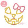 Girl jack o lantern applique design with gingham face pieces, pink bow, eyelashes and lipstick