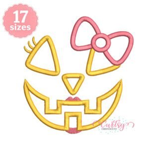 Girl jack o lantern applique design with gingham face pieces, pink bow, eyelashes and lipstick
