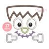 Monster Face Applique Design with brown polka-dot hair, oversized eyes, green nose, purple stitched smile and silver bolts.