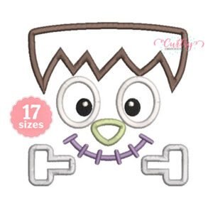 Monster Face Applique Design with brown polka-dot hair, oversized eyes, green nose, purple stitched smile and silver bolts.