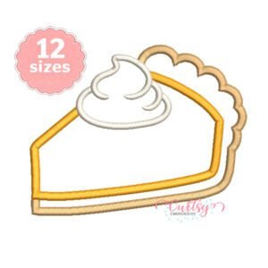 Pumpkin pie applique embroidery design with peach polka-dot filling, tan crust and white whipped cream