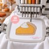 Pumpkin pie sketch fill embroidery design on white sweatshirt fabric in a multi-needle embroidery machine