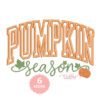 Pumpkin Season applique embroidery design with orange varsity lettering, green vine script, fall leaves and pumpkin accents