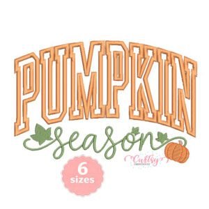Pumpkin Season applique embroidery design with orange varsity lettering, green vine script, fall leaves and pumpkin accents