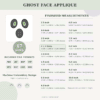 Ghost Face applique finished measurements, stitch counts and included embroidery file formats