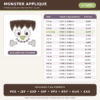 Monster Face Applique Design size chart showing 17 sizes from 2.5 to 10 inches and included embroidery formats.
