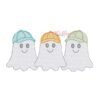 Boy Ghosts with Baseball Hats Quick Stitch Embroidery Design _ Website Three smiling ghosts wearing aqua, orange, and green baseball hats in a light sketch fill machine embroidery design.
