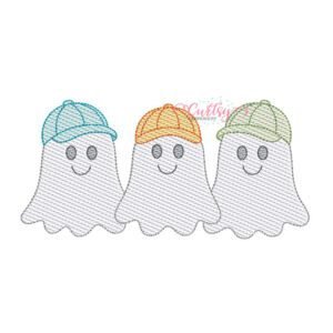 Three smiling ghosts wearing aqua, orange, and green baseball hats in a light sketch fill machine embroidery design.
