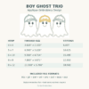 Boy Ghosts with Hats Trio Applique Design Sizes and Formats Boy Ghost Trio Applique size chart showing finished measurements and stitch counts for 4x4, 5x7, 6x10, 8x8, and 8x12 hoops, plus eight embroidery file formats.
