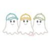 Boy Ghosts with Hats Trio Applique Design _ Website Embroidery software preview of three smiling ghosts wearing aqua, gold, and sage baseball hats, with light applique outlines on a white background.