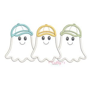Embroidery software preview of three smiling ghosts wearing aqua, gold, and sage baseball hats, with light applique outlines on a white background.