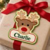 Boy Reindeer Christmas Applique Design _ Logo 2 Reindeer applique ornament personalized with Charlie, attached to a wrapped Christmas present with red ribbon threaded through its stitched eyelet.