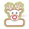 Boy Reindeer Christmas Applique Design _ Website 1 Chart showing finished measurements and stitch counts for blank and 2026 reindeer ornament designs in 4x4, 5x7, and 6x10 hoop sizes, plus eight file formats.