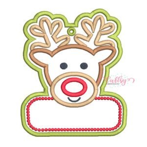 Chart showing finished measurements and stitch counts for blank and 2026 reindeer ornament designs in 4x4, 5x7, and 6x10 hoop sizes, plus eight file formats.
