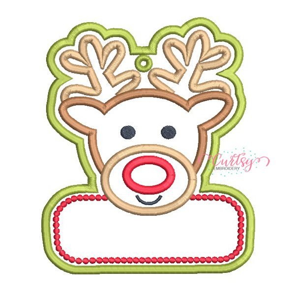 Boy Reindeer Christmas Applique Design _ Website 1 Chart showing finished measurements and stitch counts for blank and 2026 reindeer ornament designs in 4x4, 5x7, and 6x10 hoop sizes, plus eight file formats.