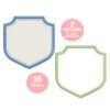 Crest applique embroidery design featuring a classic shield-shaped monogram frame with satin stitch border and decorative inner stitching.