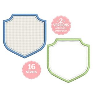 Crest applique embroidery design featuring a classic shield-shaped monogram frame with satin stitch border and decorative inner stitching.