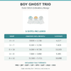 Ghost wth Baseball Hats Sketch Fill Embroidery Sizes and Formats Boy Ghost Trio size chart showing five hoop sizes, finished measurements, stitch counts, and PES, JEF, EXP, VIP, VP3, DST, HUS, and XXX formats.