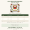 Girl Reindeer Ornament Applique Design Sizes and Formats Girl reindeer ornament chart showing three hoop sizes, finished measurements, blank and 2026 stitch counts, eight file formats, and 31/35 color-step counts.