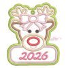 Girl Reindeer Ornament Applique Design _ Website 2 Girl reindeer ornament applique embroidery design with a bow, eyelashes, red nose, stitched hanging eyelet, and pink 2026 lettering inside a dotted panel.