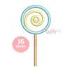 Lollipop Applique Design 2000 Hatch embroidery software stitch simulation of a lollipop applique design with a round aqua satin border, yellow spiral stitching, and straight embroidered stick.
