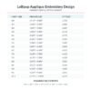Lollipop Applique Sizes and Formats Lollipop applique embroidery design size chart showing 16 finished measurements from 3 to 10 inches, individual stitch counts, and PES, JEF, EXP, VIP, VP3, DST, HUS, and XXX file formats.