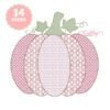 Embroidery software preview of a pumpkin with decorative motif stitching in each section, a leafy green stem, and curling vines.