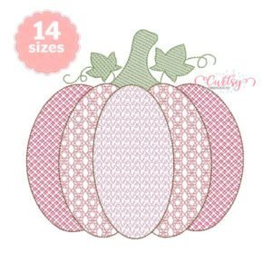 Embroidery software preview of a pumpkin with decorative motif stitching in each section, a leafy green stem, and curling vines.