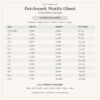 Patchwork Motifs Ghost embroidery size chart listing 14 sizes, finished dimensions, and stitch counts, including a 4×4 hoop version and 4–10-inch heights. Formats: PES, JEF, EXP, VIP, VP3, DST, HUS, XXX.