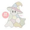 Pastel patchwork ghost wearing a curved witch hat, with two gray oval eyes and decorative embroidery motifs in pink, pale green, powder blue, ivory, yellow, and gold on a white background.